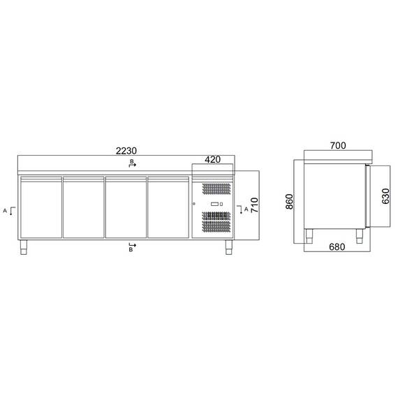 Vaiotec Kühltisch / 4-türig - Monoblock, 2230 x 700 mm 9 Vaiotec Kühltisch / 4-türig - Monoblock, 2230 x 700 mm