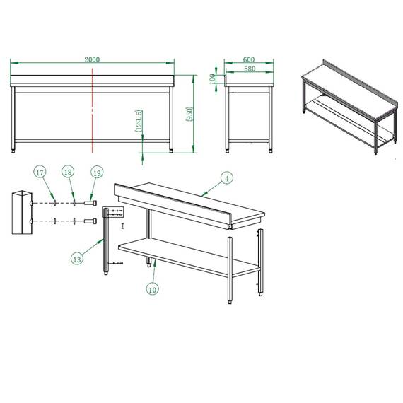 Vaiotec Arbeitstisch / mit Grundboden & Aufkantung, 2000 x 600 mm 2 Vaiotec Arbeitstisch / mit Grundboden & Aufkantung, 2000 x 600 mm