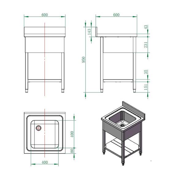 Vaiotec Spültisch / 1 Becken, 600 x 600 mm 2 Vaiotec Spültisch / 1 Becken, 600 x 600 mm