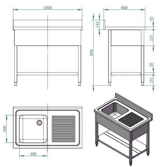 Vaiotec Spültisch / 1 Becken links mit Abtropffläche, 1000 x 600 mm 3 Vaiotec Spültisch / 1 Becken links mit Abtropffläche, 1000 x 600 mm