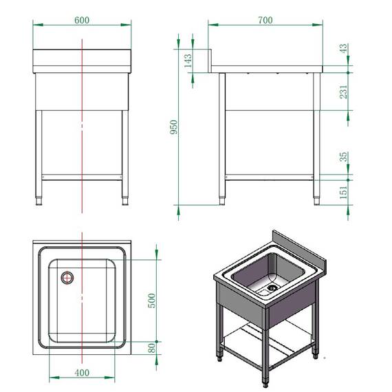 Vaiotec Spültisch / 1 Becken, 600 x 700 mm 2 Vaiotec Spültisch / 1 Becken, 600 x 700 mm
