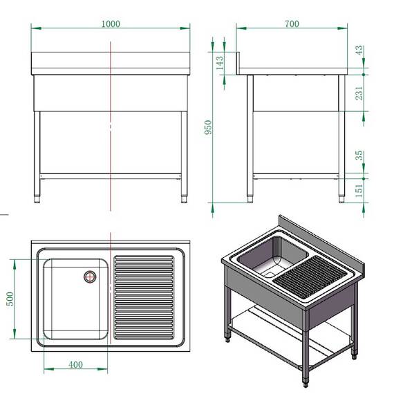 Vaiotec Spültisch / 1 Becken links und Abtropffläche, 1000 x 700 mm 3 Vaiotec Spültisch / 1 Becken links und Abtropffläche, 1000 x 700 mm