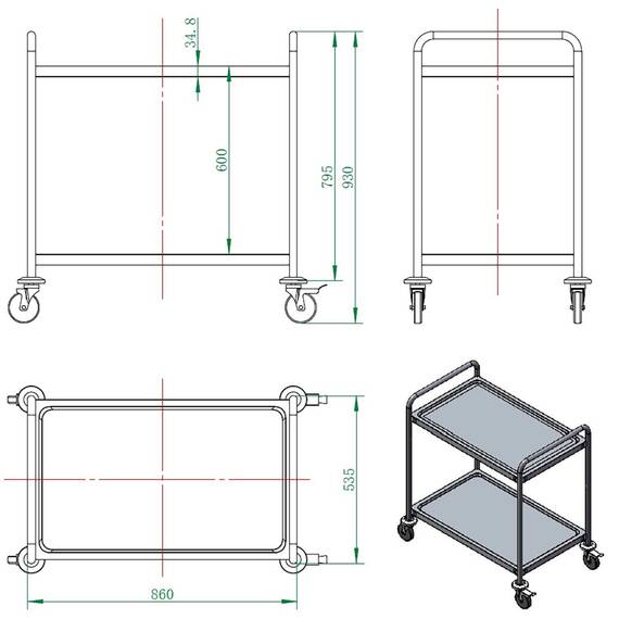 Vaiotec Servierwagen Edelstahl / 2 Böden, 860 x 540 mm 4 Vaiotec Servierwagen Edelstahl / 2 Böden, 860 x 540 mm