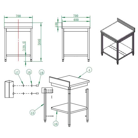 Vaiotec Arbeitstisch / mit Grundboden & Aufkantung, 700 x 700 mm 2 Vaiotec Arbeitstisch / mit Grundboden & Aufkantung, 700 x 700 mm