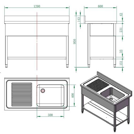 Vaiotec Spültisch / 1 Becken rechts und Abtropffläche, 1200 x 600 mm 2 Vaiotec Spültisch / 1 Becken rechts und Abtropffläche, 1200 x 600 mm