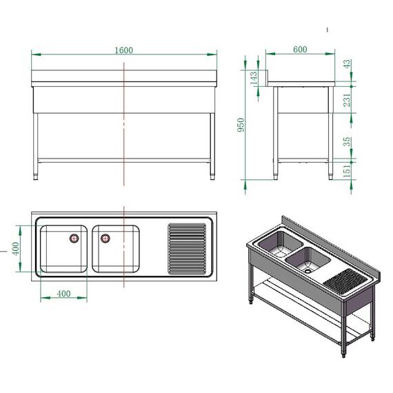 Vaiotec Spültisch / 2 Becken links und Abtropffläche, 1600 x 600 mm 2 Vaiotec Spültisch / 2 Becken links und Abtropffläche, 1600 x 600 mm