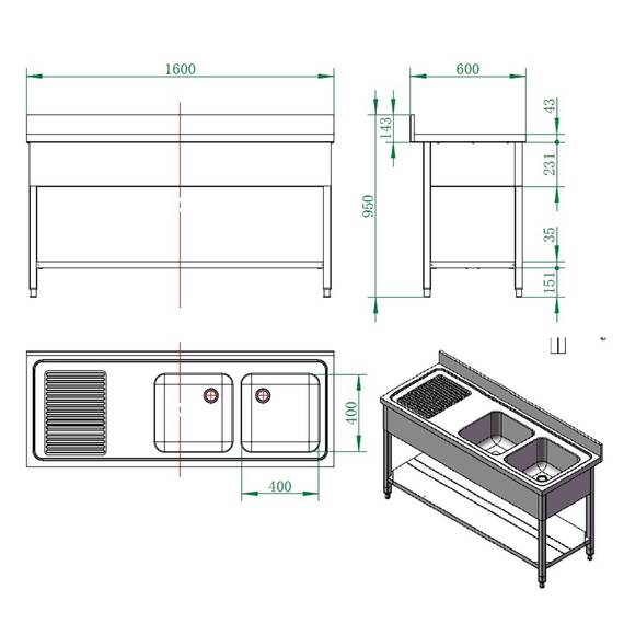 Vaiotec Spültisch / 2 Becken rechts und Abtropffläche, 1600 x 600 mm 2 Vaiotec Spültisch / 2 Becken rechts und Abtropffläche, 1600 x 600 mm