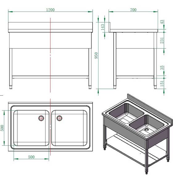 Vaiotec Spültisch / 2 Becken, 1200 x 700 mm 1 Vaiotec Spültisch / 2 Becken, 1200 x 700 mm