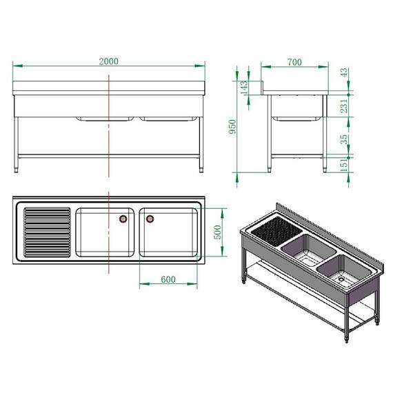 Vaiotec Spültisch / 2 Becken rechts und Abtropffläche, 2000 x 700 mm 2 Vaiotec Spültisch / 2 Becken rechts und Abtropffläche, 2000 x 700 mm