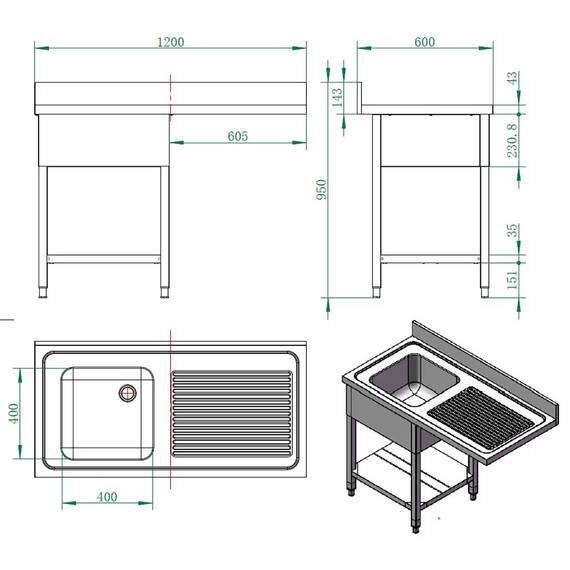 Vaiotec Spülcenter / 1 Becken links, 1200 x 600 mm 1 Vaiotec Spülcenter / 1 Becken links, 1200 x 600 mm
