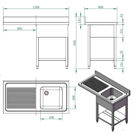 Vaiotec Spülcenter / 1 Becken rechts, 1200 x 600 mm 1 Vaiotec Spülcenter / 1 Becken rechts, 1200 x 600 mm