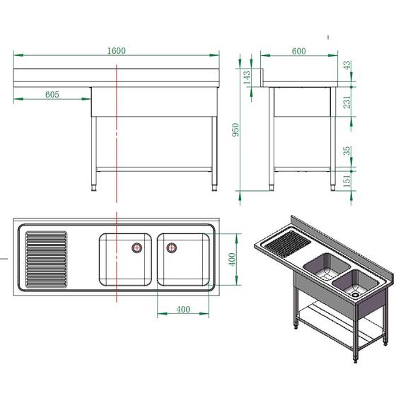 Vaiotec Spülcenter / 2 Becken rechts, 1600 x 600 mm 3 Vaiotec Spülcenter / 2 Becken rechts, 1600 x 600 mm