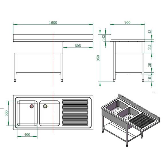 Vaiotec Spülcenter / 2 Becken links, 1600 x 700 mm 1 Vaiotec Spülcenter / 2 Becken links, 1600 x 700 mm
