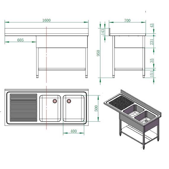 Vaiotec Spülcenter / 2 Becken rechts, 1600 x 700 mm 3 Vaiotec Spülcenter / 2 Becken rechts, 1600 x 700 mm