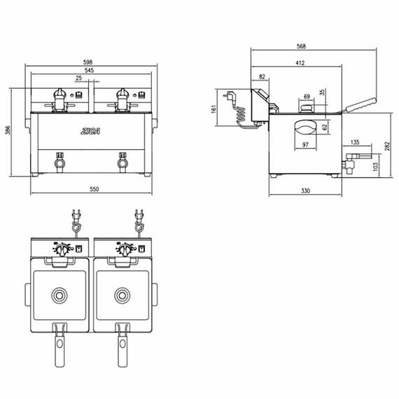 Vaiotec Elektro Fritteuse 2 Becken mit Ablasshahn 8 + 8 Liter, 600 x 570 mm 4 Vaiotec Elektro Fritteuse 2 Becken mit Ablasshahn 8 + 8 Liter, 600 x 570 mm