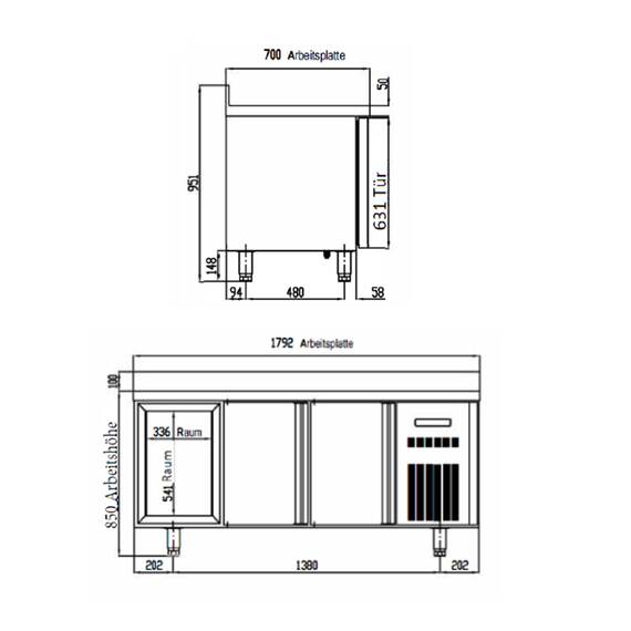 Vaiotec Topline Kühltisch / 3-fach GN1/1 mit 4 Schubladen / 1 Tür & Aufkantung, 1795 x 700 mm 4 Vaiotec Topline Kühltisch / 3-fach GN1/1 mit 4 Schubladen / 1 Tür & Aufkantung, 1795 x 700 mm