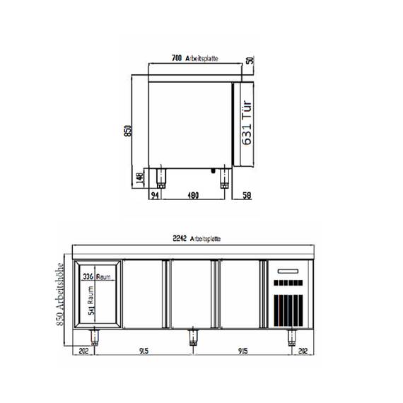 Vaiotec Topline Kühltisch / 4-fach GN1/1 mit 6 Schubladen / 1 Tür, 2245 x 700 mm 4 Vaiotec Topline Kühltisch / 4-fach GN1/1 mit 6 Schubladen / 1 Tür, 2245 x 700 mm