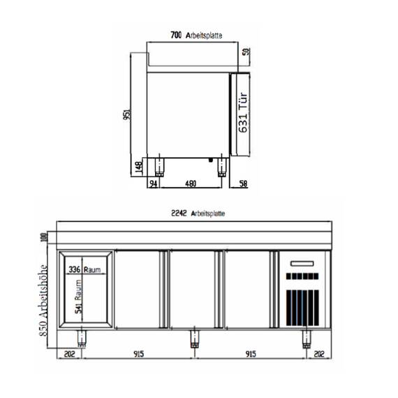 Vaiotec Topline Kühltisch / 4-fach GN1/1 mit 6 Schubladen / 1 Tür & Aufkantung, 2245 x 700 mm 4 Vaiotec Topline Kühltisch / 4-fach GN1/1 mit 6 Schubladen / 1 Tür & Aufkantung, 2245 x 700 mm