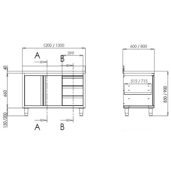 Vaiotec Topline Arbeitsschrank / 1 Flügeltür, 3 Schubladen rechts & Aufkantung, 1200 x 600 mm 1 Vaiotec Topline Arbeitsschrank / 1 Flügeltür, 3 Schubladen rechts & Aufkantung, 1200 x 600 mm