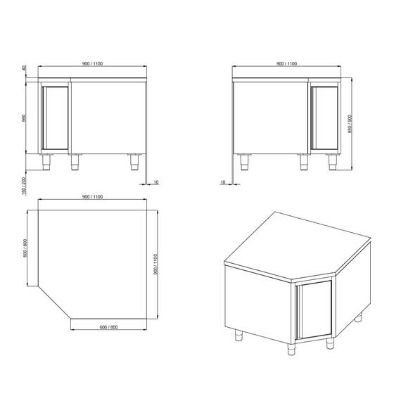 Vaiotec Topline Eckarbeitsschrank / Flügeltür, 1000 x 1000 mm 1 Vaiotec Topline Eckarbeitsschrank / Flügeltür, 1000 x 1000 mm