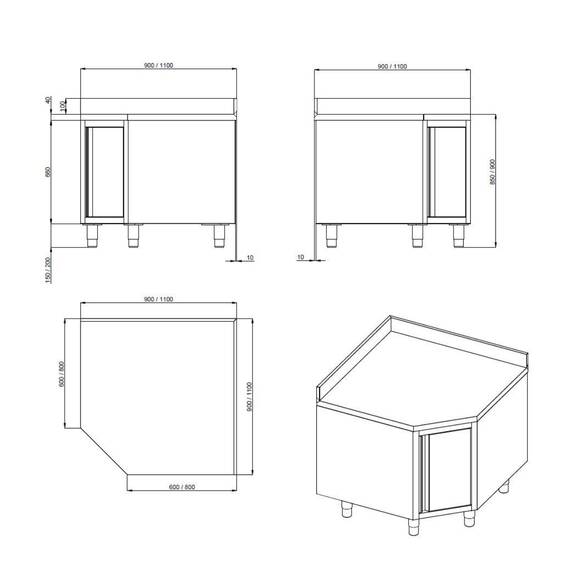 Vaiotec Topline Eckarbeitsschrank / Flügeltür und Aufkantung, 1000 x 1000 mm 1 Vaiotec Topline Eckarbeitsschrank / Flügeltür und Aufkantung, 1000 x 1000 mm