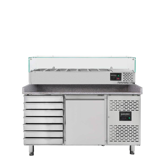 Vaiotec Pizzakühltisch / 1-türig & 7 Schubladen "grau" inkl. Kühlaufsatz GN1/4, 1510 x 800 mm Vaiotec Pizzakühltisch / 1-türig & 7 Schubladen "grau" inkl. Kühlaufsatz GN1/4, 1510 x 800 mm