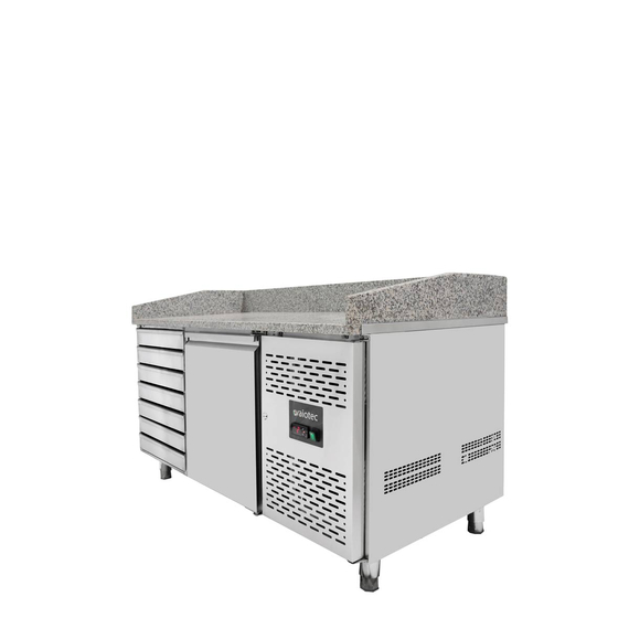 Vaiotec Pizzakühltisch / 1-türig & 7 Schubladen "grau" inkl. Kühlaufsatz GN1/4, 1510 x 800 mm 7 Vaiotec Pizzakühltisch / 1-türig & 7 Schubladen "grau" inkl. Kühlaufsatz GN1/4, 1510 x 800 mm