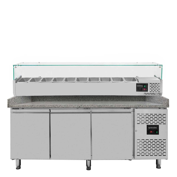 Vaiotec Pizzakühltisch / 3-türig "grau" inkl. Kühlaufsatz GN1/4, 2020 x 800 mm Vaiotec Pizzakühltisch / 3-türig "grau" inkl. Kühlaufsatz GN1/4, 2020 x 800 mm