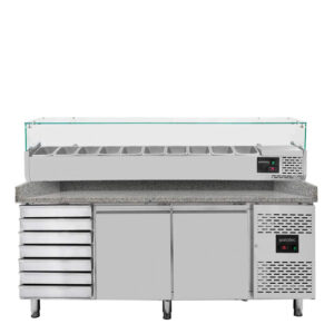Vaiotec Pizzakühltisch / 2-türig & 7 Schubladen "grau" inkl. Kühlaufsatz GN1/4, 2020 x 800 mm