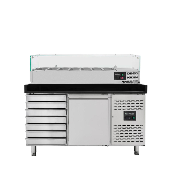 Vaiotec Pizzakühltisch / 1-türig & 7 Schubladen "schwarz" inkl. Kühlaufsatz GN1/4, 1510 x 800 mm Vaiotec Pizzakühltisch / 1-türig & 7 Schubladen "schwarz" inkl. Kühlaufsatz GN1/4, 1510 x 800 mm