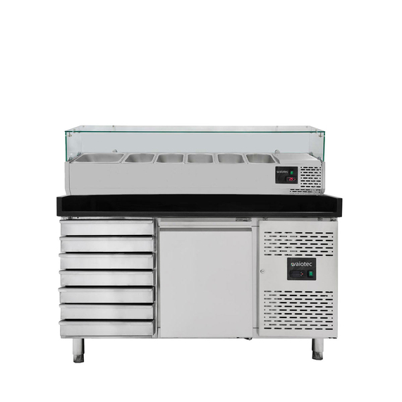 Vaiotec Pizzakühltisch / 1-türig & 7 Schubladen "schwarz" inkl. Kühlaufsatz GN1/3, 1510 x 800 mm Vaiotec Pizzakühltisch / 1-türig & 7 Schubladen "schwarz" inkl. Kühlaufsatz GN1/3, 1510 x 800 mm
