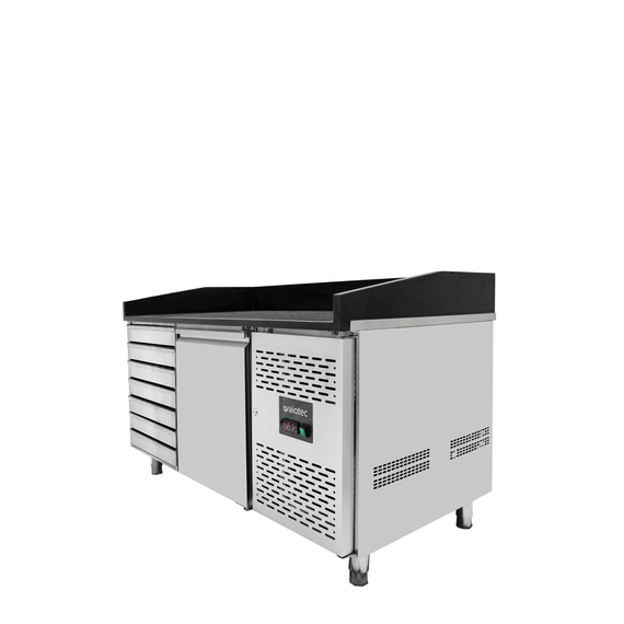 Vaiotec Pizzakühltisch / 1-türig & 7 Schubladen "schwarz" inkl. Kühlaufsatz GN1/3, 1510 x 800 mm 7 Vaiotec Pizzakühltisch / 1-türig & 7 Schubladen "schwarz" inkl. Kühlaufsatz GN1/3, 1510 x 800 mm