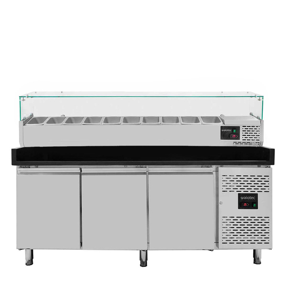 Vaiotec Pizzakühltisch / 3-türig "schwarz" inkl. Kühlaufsatz GN1/4, 2020 x 800 mm Vaiotec Pizzakühltisch / 3-türig "schwarz" inkl. Kühlaufsatz GN1/4, 2020 x 800 mm