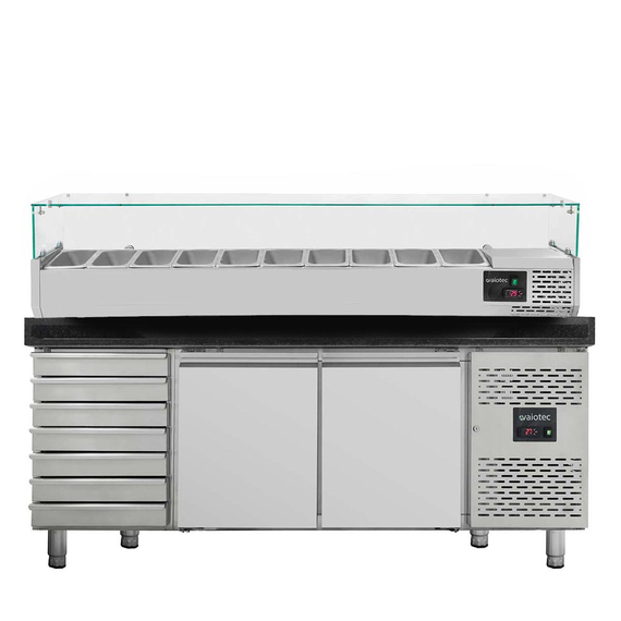 Vaiotec Pizzakühltisch / 2-türig & 7 Schubladen "schwarz" inkl. Kühlaufsatz GN1/4, 2020 x 800 mm Vaiotec Pizzakühltisch / 2-türig & 7 Schubladen "schwarz" inkl. Kühlaufsatz GN1/4, 2020 x 800 mm