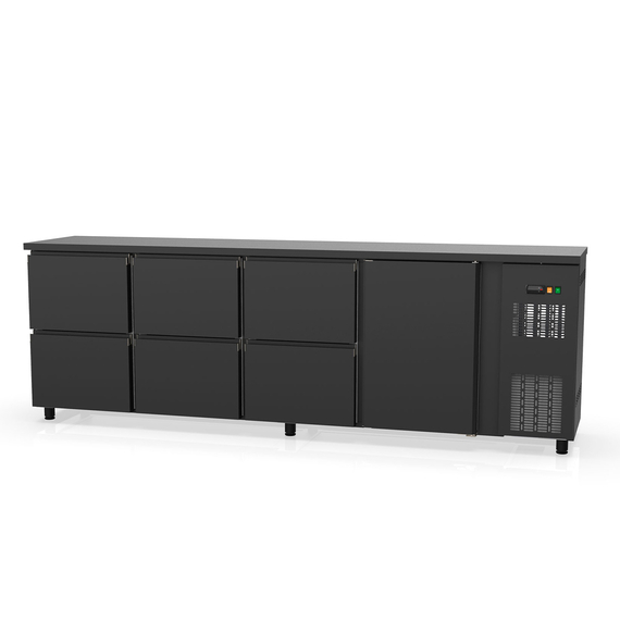 Vaiotec Topline Barkühltisch schwarz / 1 Tür & 6 Schubladen, 2565 x 530 mm Vaiotec Topline Barkühltisch schwarz / 1 Tür & 6 Schubladen, 2565 x 530 mm