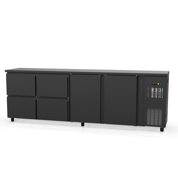 Vaiotec Topline Barkühltisch schwarz / 2 Türen & 4 Schubladen, 2565 x 530 mm Vaiotec Topline Barkühltisch schwarz / 2 Türen & 4 Schubladen, 2565 x 530 mm