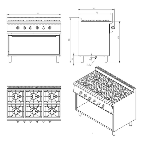 Vaiotec Gasherd - 6 Brenner 43,2 kW - offener Unterbau, 1100 x 700 mm 6 Vaiotec Gasherd - 6 Brenner 43,2 kW - offener Unterbau, 1100 x 700 mm