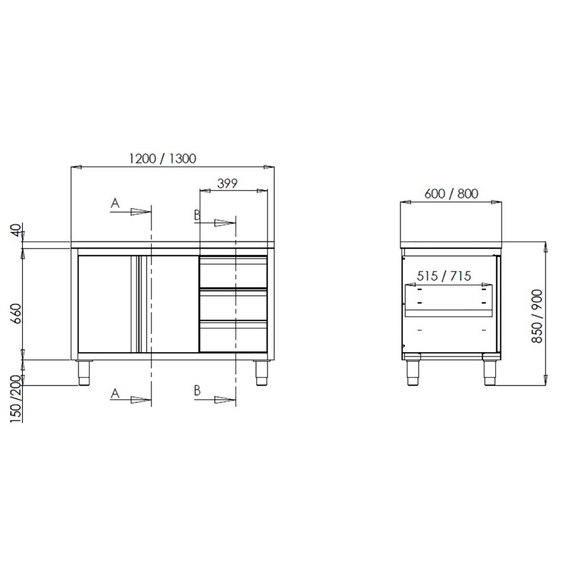 Vaiotec Topline Arbeitsschrank / 2 Schiebetüren & 3 Schubladen links, 1500 x 600 mm 1 Vaiotec Topline Arbeitsschrank / 2 Schiebetüren & 3 Schubladen links, 1500 x 600 mm
