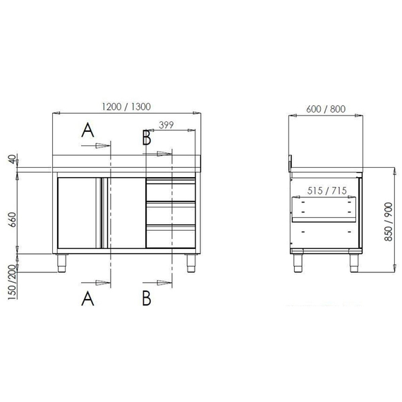 Vaiotec Topline Arbeitsschrank / 2 Schiebetüren, 3 Schubladen links & Aufkantung, 1500 x 700 mm 1 Vaiotec Topline Arbeitsschrank / 2 Schiebetüren, 3 Schubladen links & Aufkantung, 1500 x 700 mm