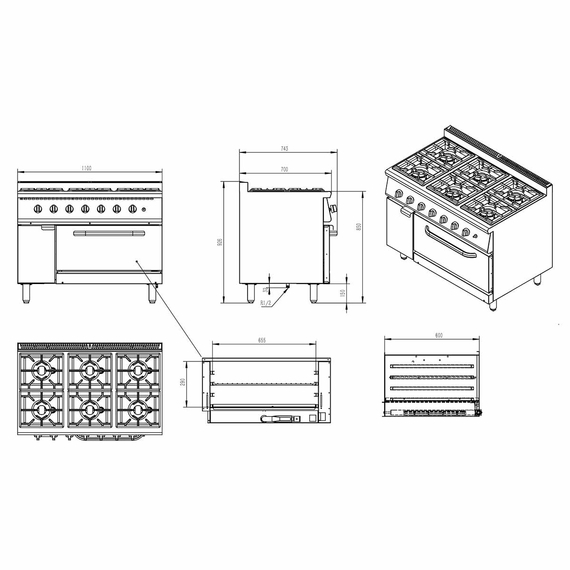 Vaiotec Gasherd - 6 Brenner 43,2 kW - mit Gasbackofen, 1100 x 700 mm 6 Vaiotec Gasherd - 6 Brenner 43,2 kW - mit Gasbackofen, 1100 x 700 mm