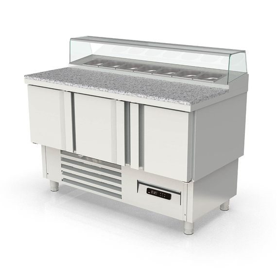 Vaiotec Topline Belegstation / 3-fach mit Türen, eckiger Glasaufsatz, GN 1/6, 1375 x 700 mm 1 Vaiotec Topline Belegstation / 3-fach mit Türen, eckiger Glasaufsatz, GN 1/6, 1375 x 700 mm