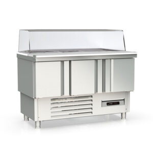 Vaiotec Topline Saladette / 3-fach mit Türen, Glasaufsatz gerade, GN 1/6 & 1/9, 1375 x 700 mm