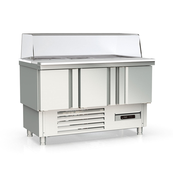 Vaiotec Topline Saladette / 3-fach mit Türen, Glasaufsatz gerade, GN 1/6 & 1/9, 1375 x 700 mm Vaiotec Topline Saladette / 3-fach mit Türen, Glasaufsatz gerade, GN 1/6 & 1/9, 1375 x 700 mm