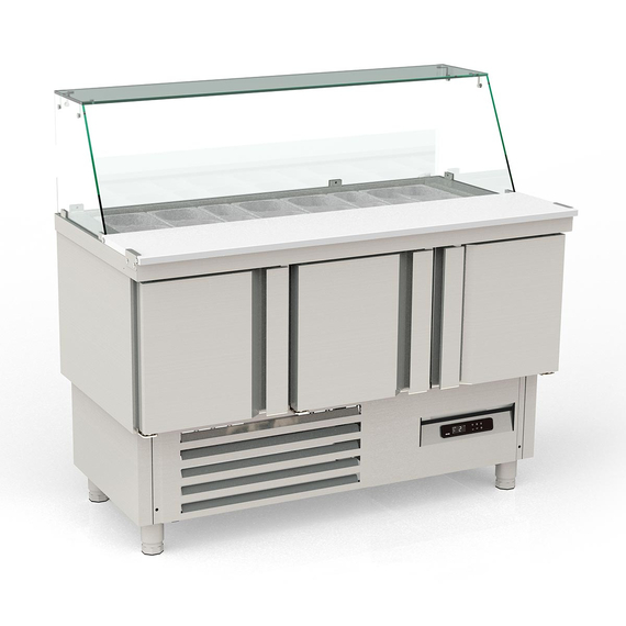 Vaiotec Topline Saladette / 3-fach mit Türen, Glasaufsatz schräg, GN 1/6 & 1/9, 1375 x 700 mm Vaiotec Topline Saladette / 3-fach mit Türen, Glasaufsatz schräg, GN 1/6 & 1/9, 1375 x 700 mm