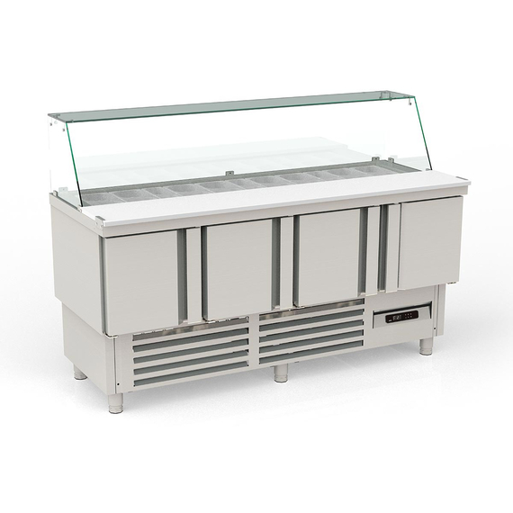 Vaiotec Topline Saladette / 4-fach mit Türen, Glasaufsatz schräg, GN 1/6 & 1/9, 1825 x 700 mm Vaiotec Topline Saladette / 4-fach mit Türen, Glasaufsatz schräg, GN 1/6 & 1/9, 1825 x 700 mm