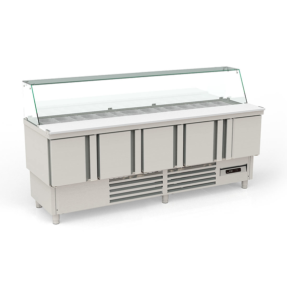 Vaiotec Topline Saladette / 5-fach mit Türen, Glasaufsatz schräg, GN 1/6 & 1/9, 2275 x 700 mm Vaiotec Topline Saladette / 5-fach mit Türen, Glasaufsatz schräg, GN 1/6 & 1/9, 2275 x 700 mm