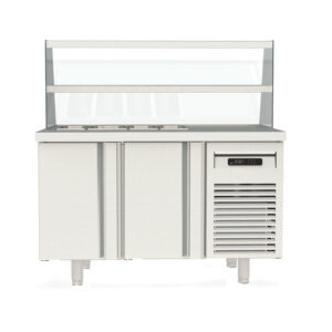 Vaiotec Topline Kebabstation / 2-fach mit Türen, Glasaufsatz mit Zwischenetage, GN 1/3, 1345 x 700 mm