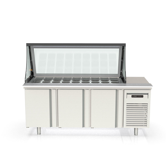 Vaiotec Topline Zubereitungstisch / 3-fach mit Türen, Glasklappdeckel, GN 1/6, EN 60x40, 2020 x 800 mm Vaiotec Topline Zubereitungstisch / 3-fach mit Türen, Glasklappdeckel, GN 1/6, EN 60x40, 2020 x 800 mm