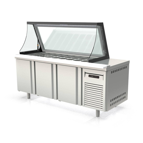 Vaiotec Topline Zubereitungstisch / 3-fach mit Türen, Glasklappdeckel, GN 1/6, EN 60x40, 2020 x 800 mm 2 Vaiotec Topline Zubereitungstisch / 3-fach mit Türen, Glasklappdeckel, GN 1/6, EN 60x40, 2020 x 800 mm