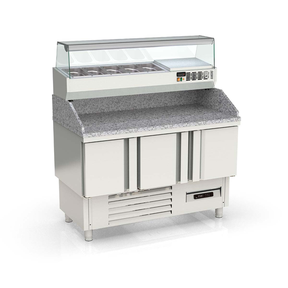 Vaiotec Topline Pizzatisch / 3-fach mit Türen, Granitplatte grau, inkl. Kühlaufsatz, GN 1/4, 1370 x 700 mm Vaiotec Topline Pizzatisch / 3-fach mit Türen, Granitplatte grau, inkl. Kühlaufsatz, GN 1/4, 1370 x 700 mm
